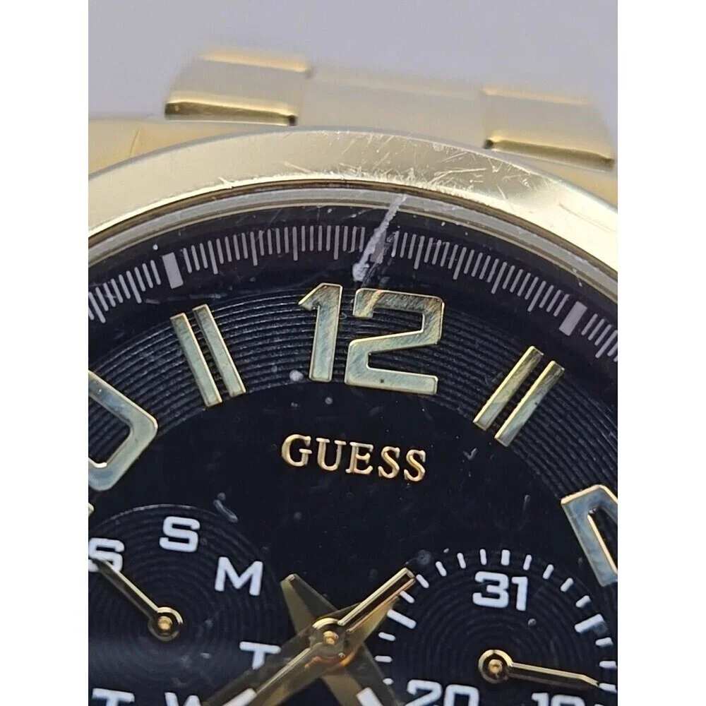 Mens Guess Steel Gold Tone 44mm Day Date Watch 100M Quartz New Battery Classic